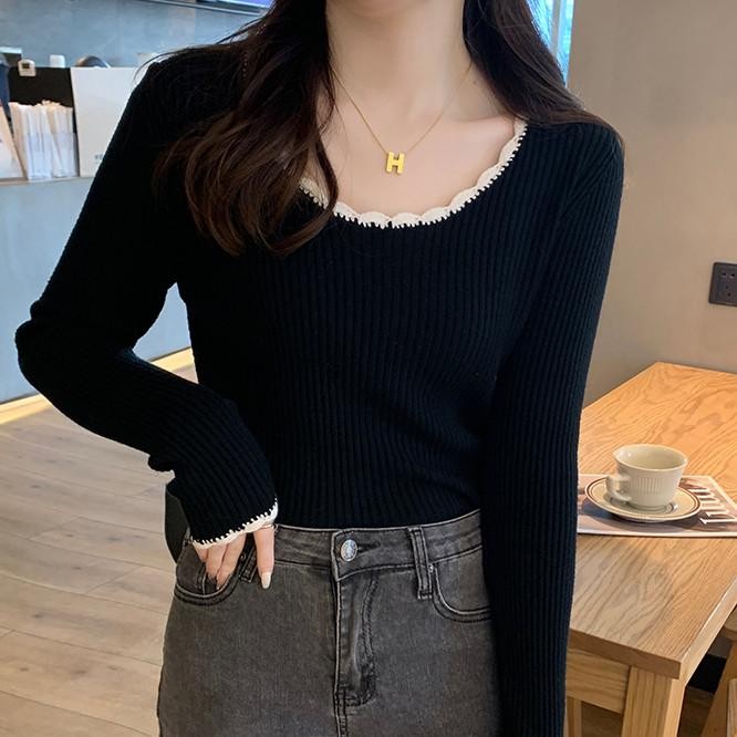 เสื้อยืด ลูกไม้ สีคอนทราสต์ สำหรับผู้หญิง ทรงสลิมฟิต คอกลม แขนยาว เหมาะสำหรับฤดูใบไม้ร่วง มาใหม่ สไตล์กระเป๋าเป้สะพายหลั - รูปที่ 4