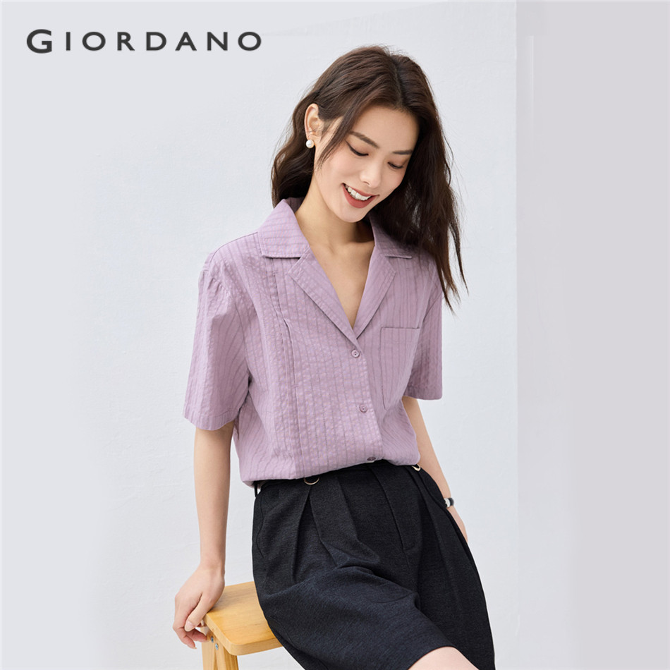 GIORDANO WOMEN 100% Cotton jacquard stripe short sleeve shirt 05345486