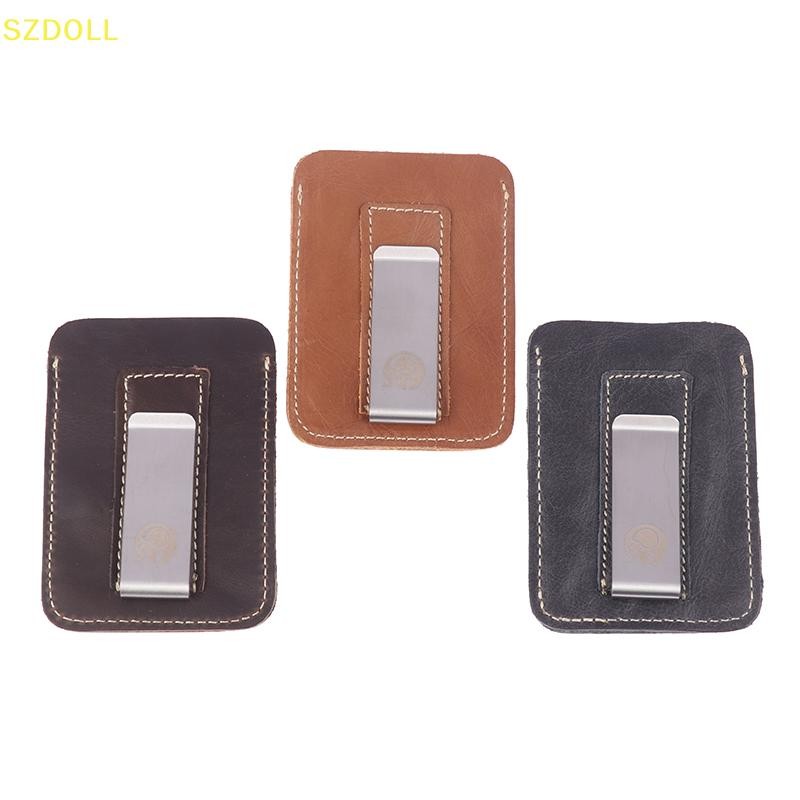 [cxSZDOLL] Thin Leather Money Clip Mini Wallet Men Credit Card Slot Slim Bills Metal Cash Clamp For Man Small Billfold Holder DOM