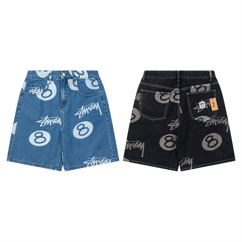 Stussy New Style American Street Wear Loose Fit Denim กางเกงขาสั้นห้าจุด, Full Print Black 8 Print SE4