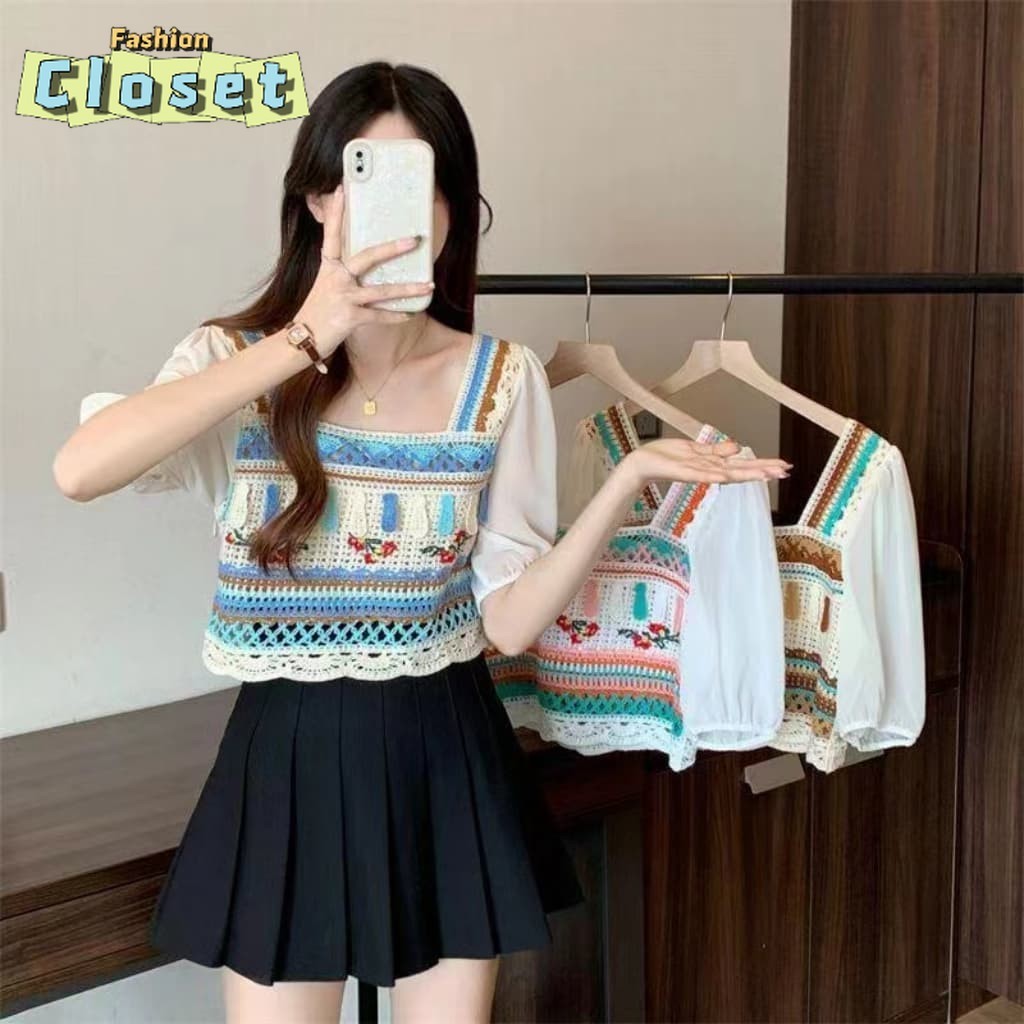 Cilset🛒พร้อมส่ง🎀ผู้หญิงเ เสื้อถักไหมพรมแขนสั้น วินเทจ สีพาสเทลผ้าชีฟอง ใส่สบาย /72026-C