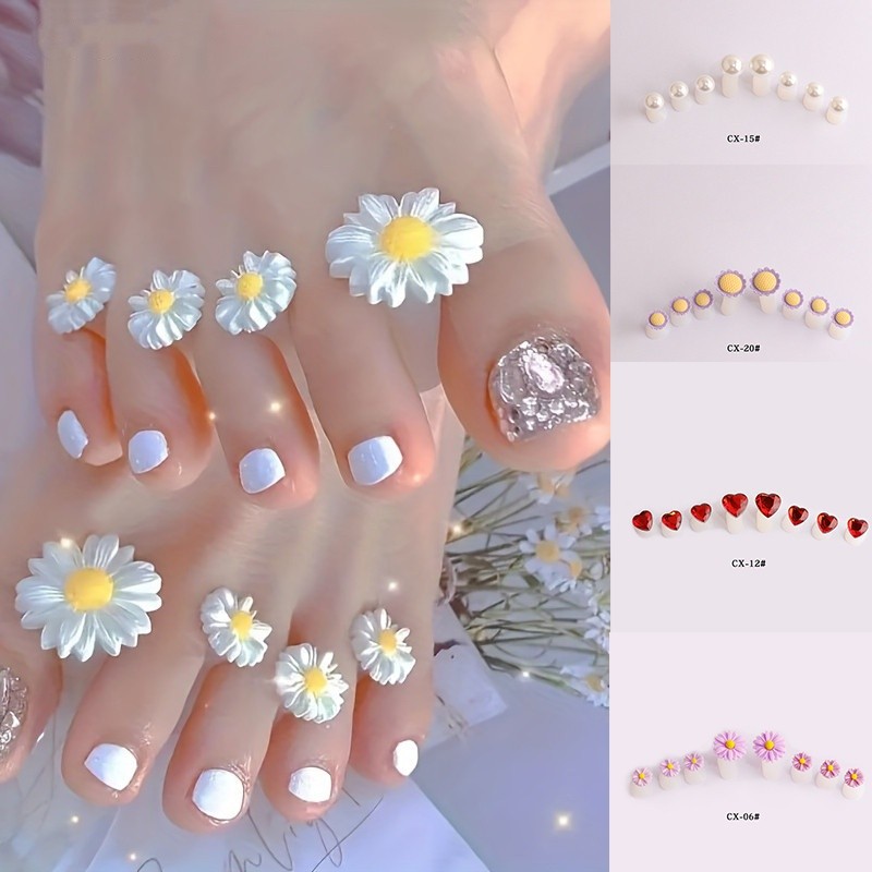 เครื่องมือทําเล็บ Nail Art Toe Separator SoftSilicone Finger Separator Nail Sponge Clip Daisy Flower Pearl Sunflower 8 ชิ้นชุด