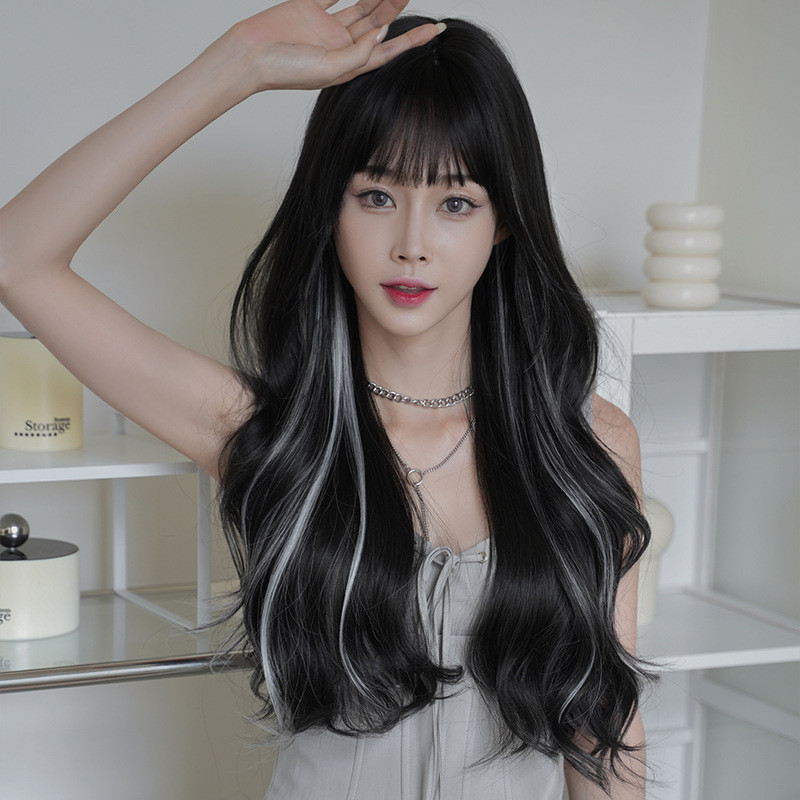 7JHH WIGS ญี่ปุ่นเกาหลีใต้ C-0435 วิกผมหญิงผมยาวชาดําเน้นคลื่นลูกใหญ่ผมหยิกยาวเส้นใยเคมีจําลองอุณหภู