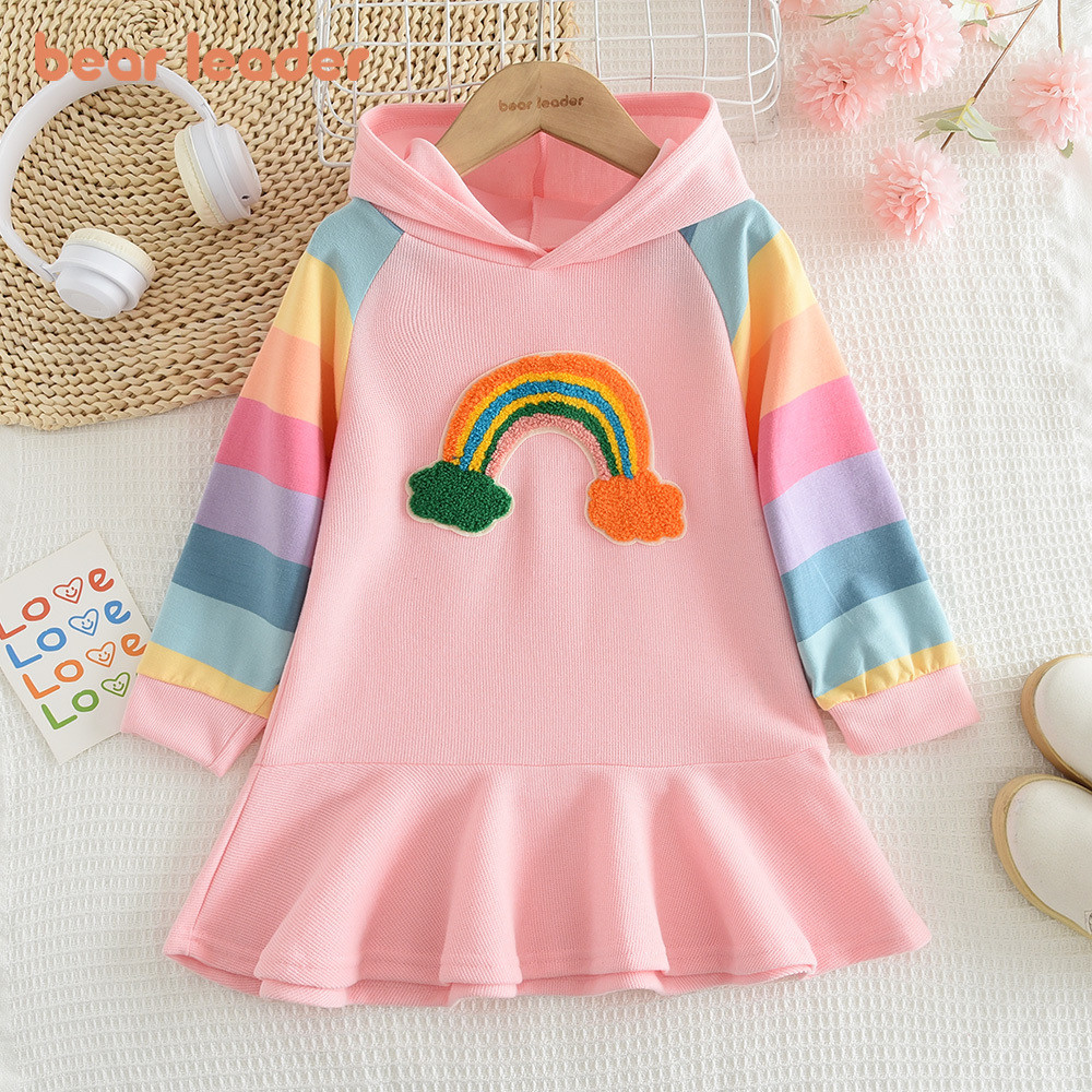 ผู้นําหมีเวอร์ชั่นเกาหลีผ้าขนหนูที่มีสีสันเย็บปักถักร้อยพรรคชุดเจ้าหญิง2-6ปีหวานสายรุ้งแบบคลุมด้วยผ้าสาวเสื้อผ้าแขนยาวลําลองเด็กชุ