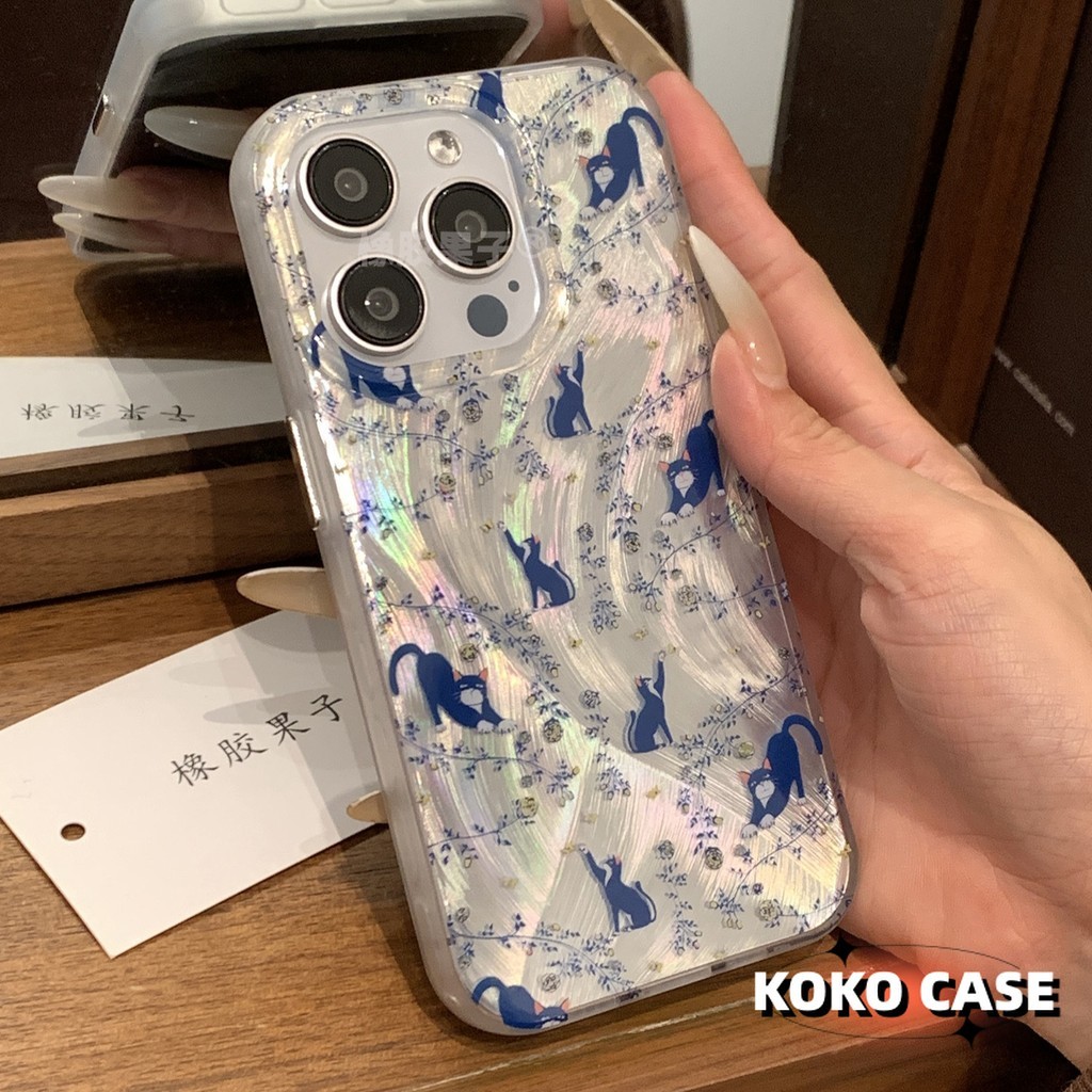 COD ใช้ได้กับ iPhone 11 13 15 14 12 Pro Max 15 14 Plus 7 8 Plus XR XSMAX แมวสีฟ้า TPU กรณีโทรศัพท์ขนนกที่สวยงาม