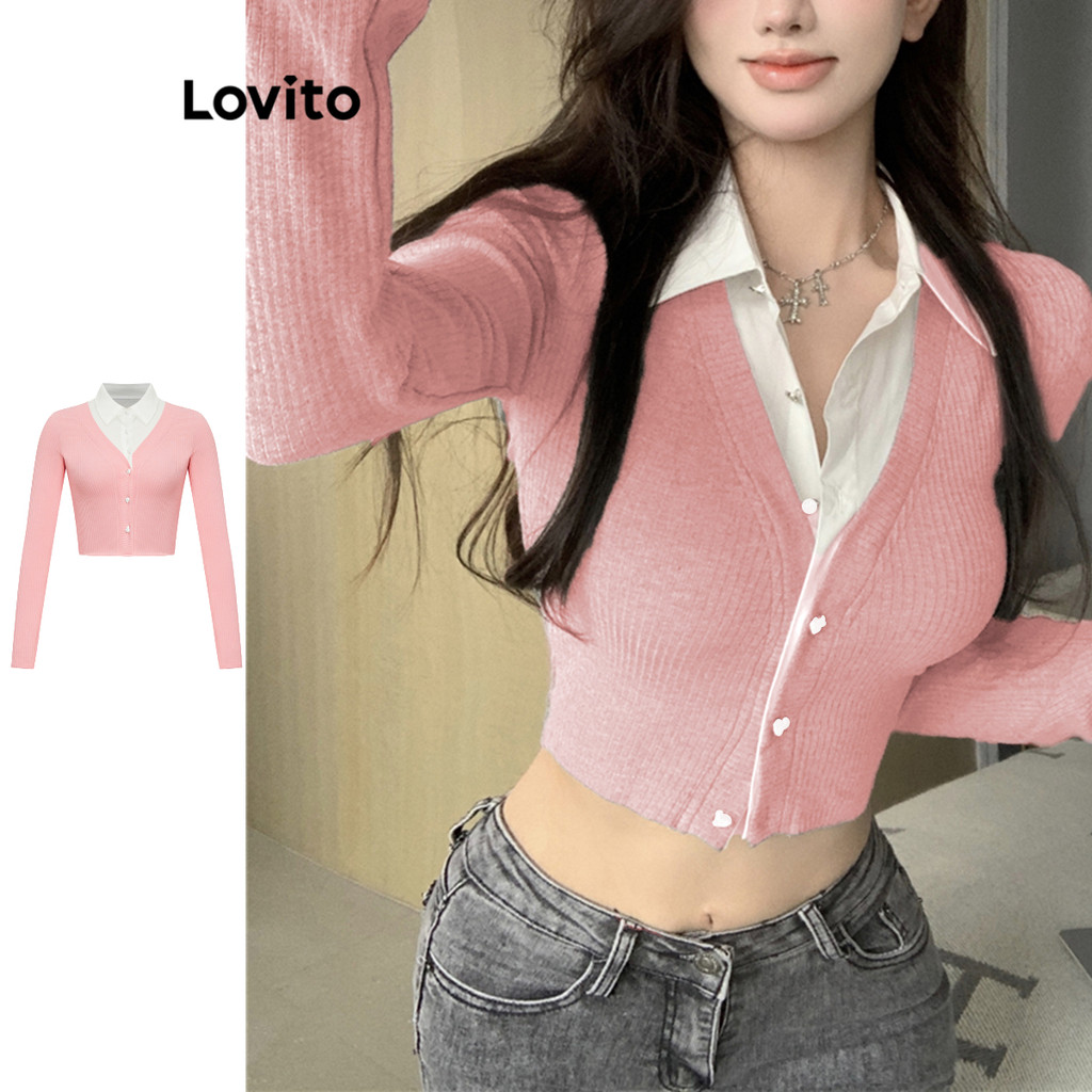 Lovito เสื้อยืดคอกลมกระดุมหน้า 2 In 1 สำหรับผู้หญิงล้วนๆ L106AD119