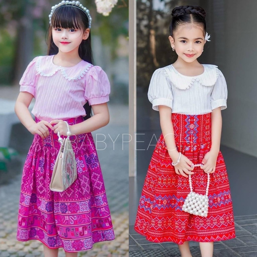 ชุดไทยเด็กประยุกต์ ชุดลายผ้าพื้นเมือง ชุดไทยใส่ไปโรงเรียน รุ่นบัวร่อง #nid