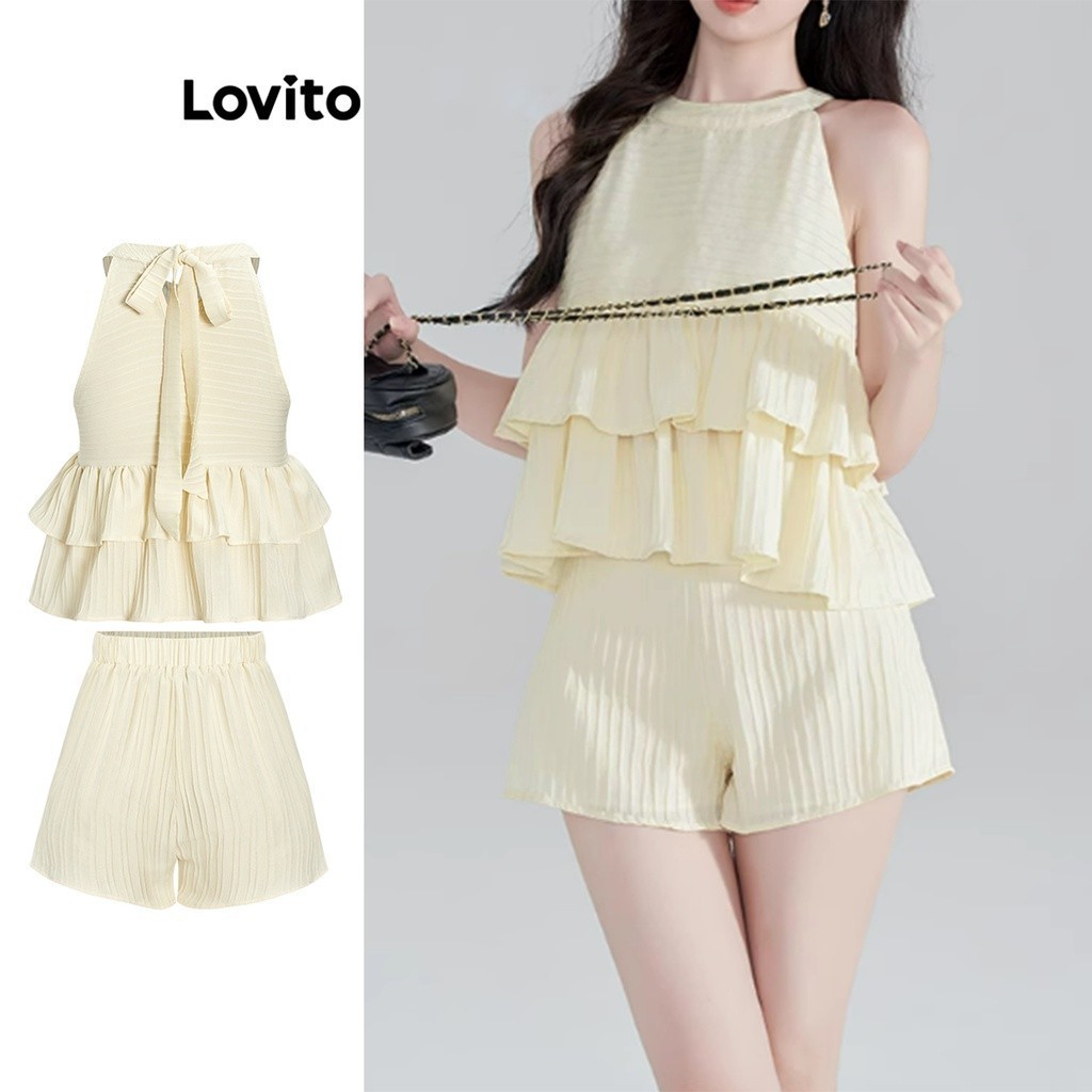 Lovito ชุดเซ็ทกางเกงขาสั้นผู้หญิง ชายระบาย ผูกด้านหลัง สไตล์หรูหรา สีพื้น L68ED341 (เสื้อ/ชุด/กางเกงขาสั้นผู้หญิง)