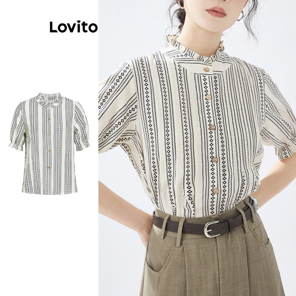 Lovito เสื้อเบลาส์พิมพ์ลายโซ่ลำลองสำหรับผู้หญิง L109MD014