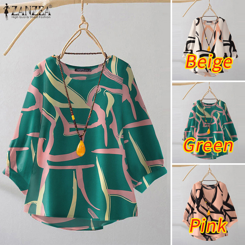 ZANZEA ซานเซีย ผู้หญิงลําลองรอบคอเรขาคณิตพิมพ์หลวม3/4แขนเสื้อ — صورة 3