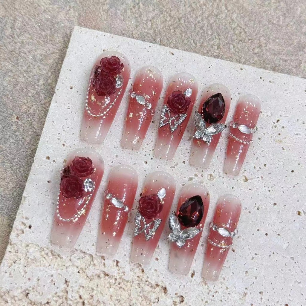 100% Handmade ยาวสี่เหลี่ยมคางหมูรูปร่างประดิษฐ์เล็บปลอมเล็บกาว Brightening พลัม Blush Camellia Rose Elegance Phototherapy เล็บปลอมกดบนเล็บ reusable – โปรปัง