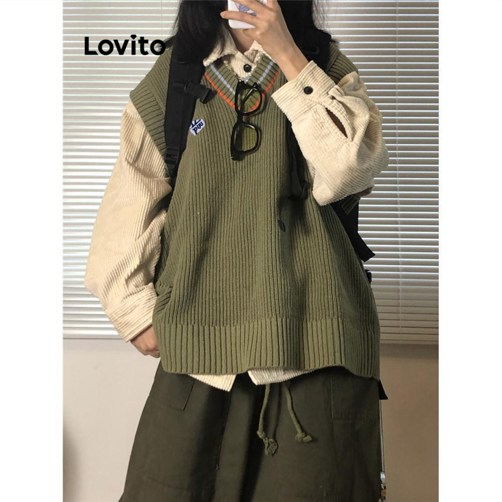 Lovito สไตล์เรียบๆสีพื้นสีบล็อกเสื้อถักสำหรับผู้หญิง LNA79130