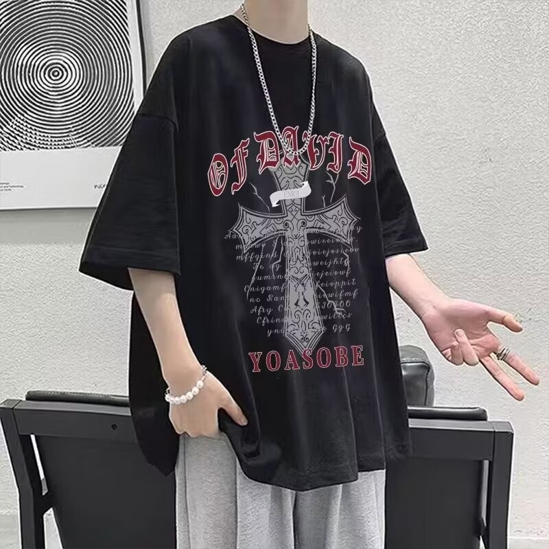 Plus ขนาด M-8XL คู่เสื้อยืด2025 ใหม่อเมริกันย้อนยุค original cross พิมพ์กํามะหยี่หนารอบคอเสื้อยืดผู้ชายแฟชั่นแบรนด์ Hip Hop หลวมคู่สวมใส่เสื้อยืด Unisex