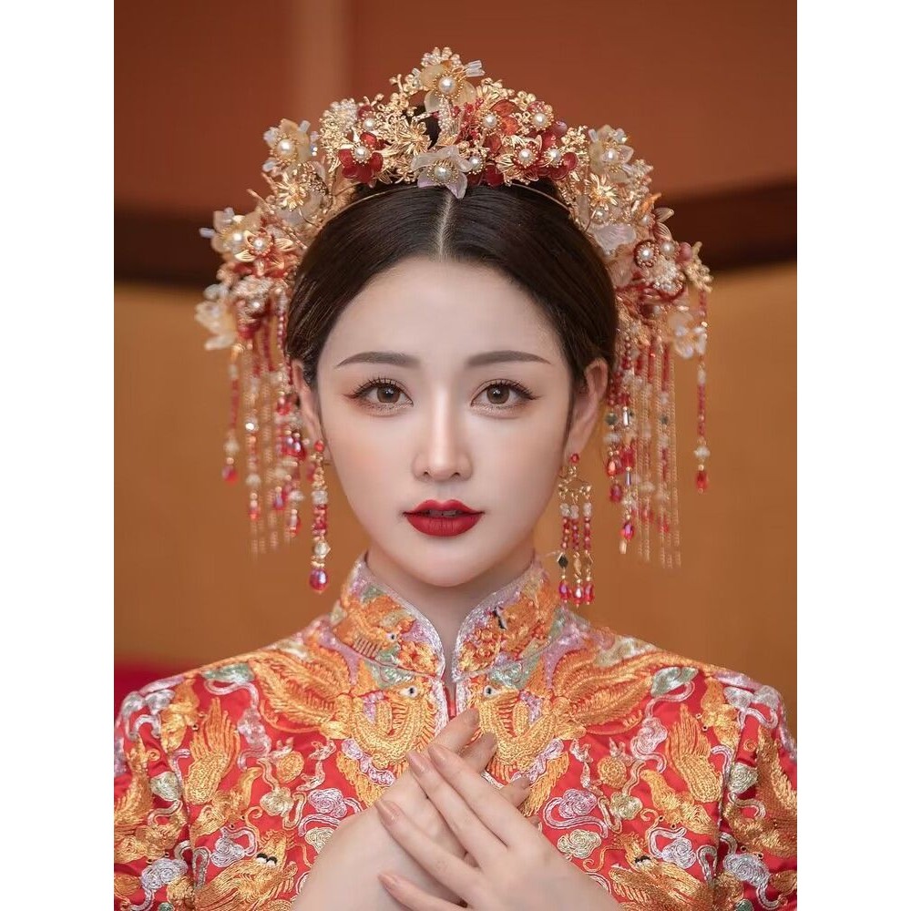 ปิ่นปักผมสีแดงปิ่นปักผมต่างหูสำหรับเจ้าสาวเครื่องประดับศีรษะใหม่จีน Xiuhe cheongsam ชุดมังกรและนกฟีนิกซ์ชุดฮั่นฟู่เครื่องประดับผมเรียบง่าย