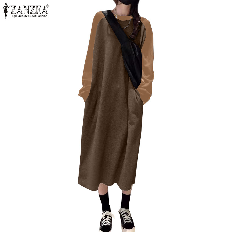 ZANZEA ซานเซีย ผู้หญิงเกาหลีลําลองรอบคอกลางความยาวเย็บปะติดปะต่อกันแขนยาวชุด