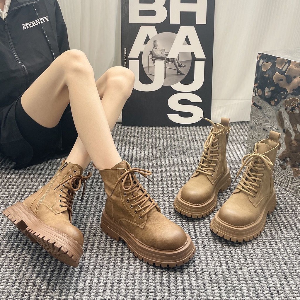 Mi Mid-Tube Boots Leather Boots Retro Fashion ใส่สบาย Outer We