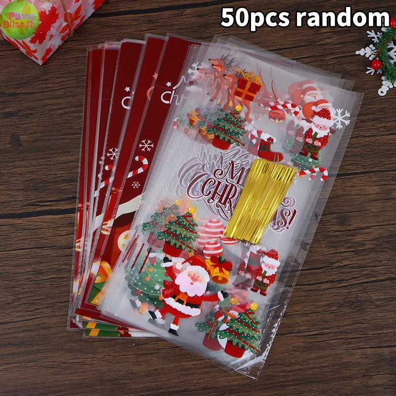 Publiiss 50 ชิ้นคริสต์มาสขนมถุงบรรจุภัณฑ์ของขวัญริบบิ้นผูกคุกกี้เบเกอรี่ Xmas ถุงพลาสติกเด็ก Party Favors ห่อกระเป๋า TH