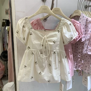 🧡LINNA🧡เวอร์ชั่นเกาหลี แขนสั้น เสื้อเชิ้ต โบว์ หวาน แฟชั่น ปลอกคอสแควร์
