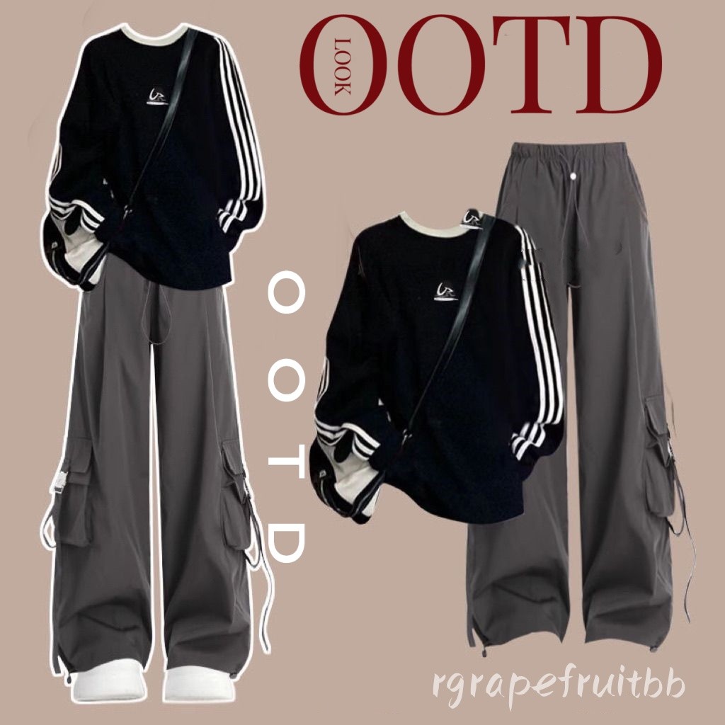 🍅🤎💯ชุดเซท2ชิ้น💙เสื้อเชิ้ตแขนยาวคอกลม+กางเกงคาร์โก้⭐️มี 1 ​​สี สไตล์วินเทจ สไตล์เกาหลี การออกแบบที่เป็นเอกลักษณ์