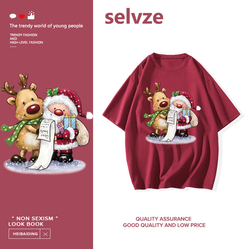 SELVZE（จัดส่งตลอด 24 ชั่วโมง）เสื้อยืด christmas，น่ารักซานตาคลอสพิมพ์เสื้อยืดแขนสั้นสีแดง I001127