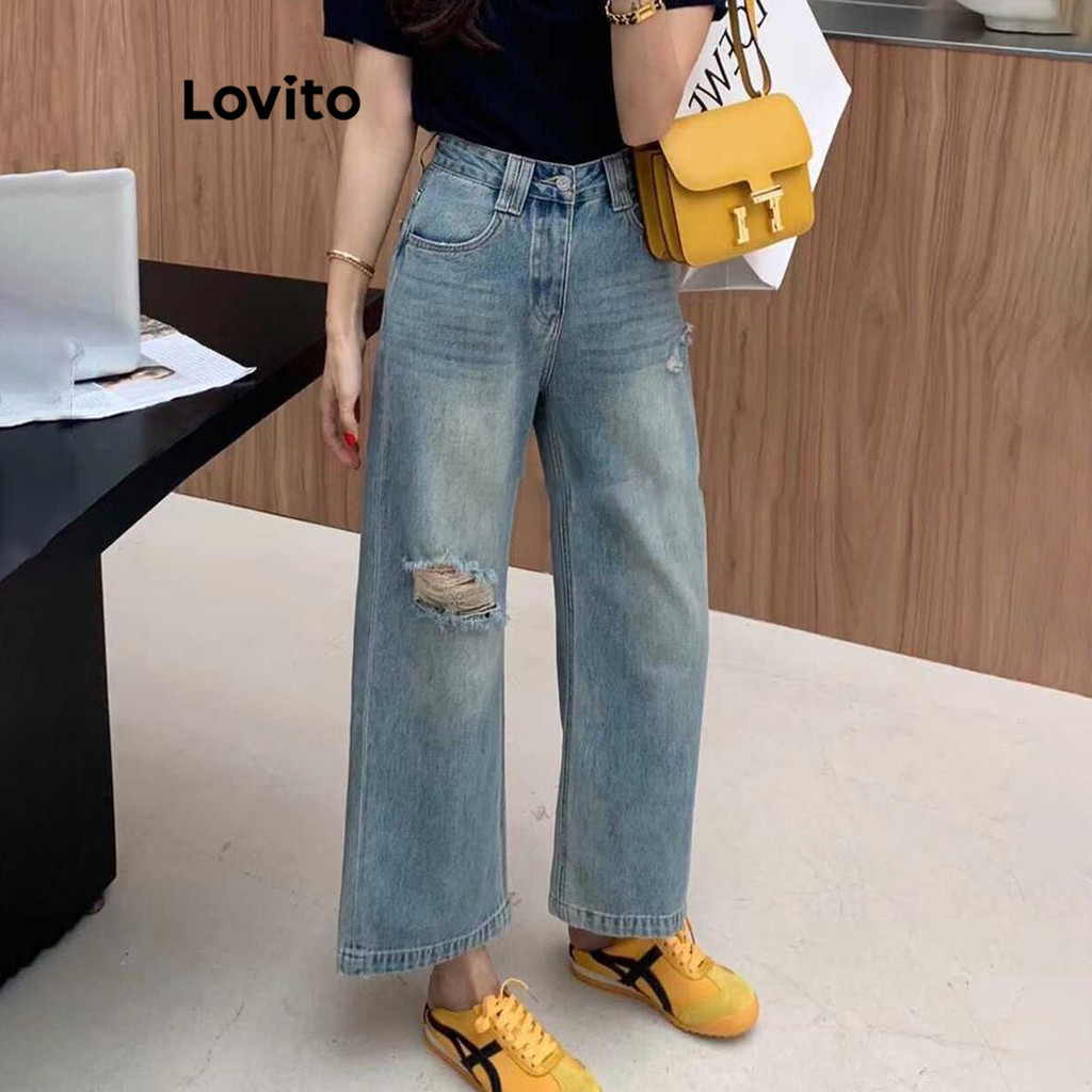 Lovito กางเกงยีนส์ขายาวผู้หญิง มีกระเป๋า แต่งกระดุม แต่งขาด สีพื้น สไตล์ลำลอง LNE59227