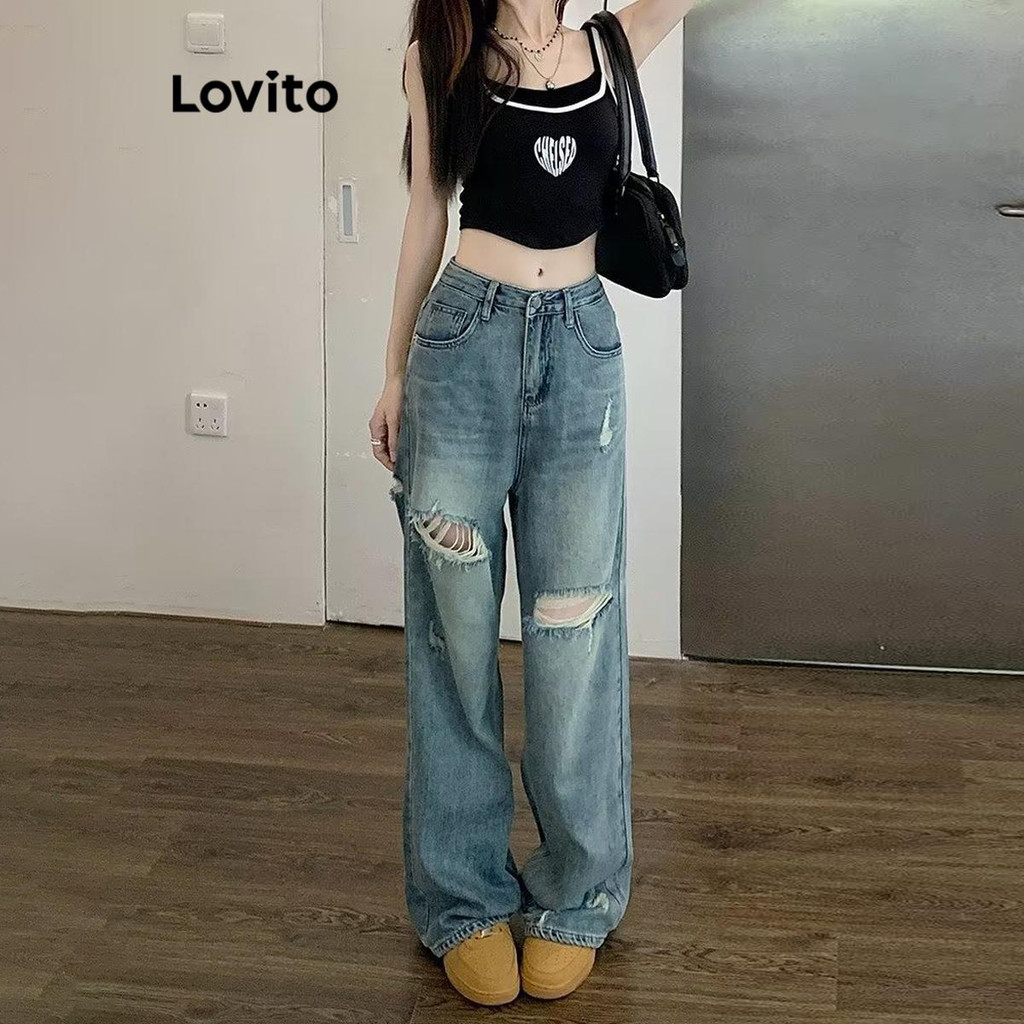 Lovito กางเกงยีนส์ผู้หญิง แต่งขาด สีพื้น LNA70204