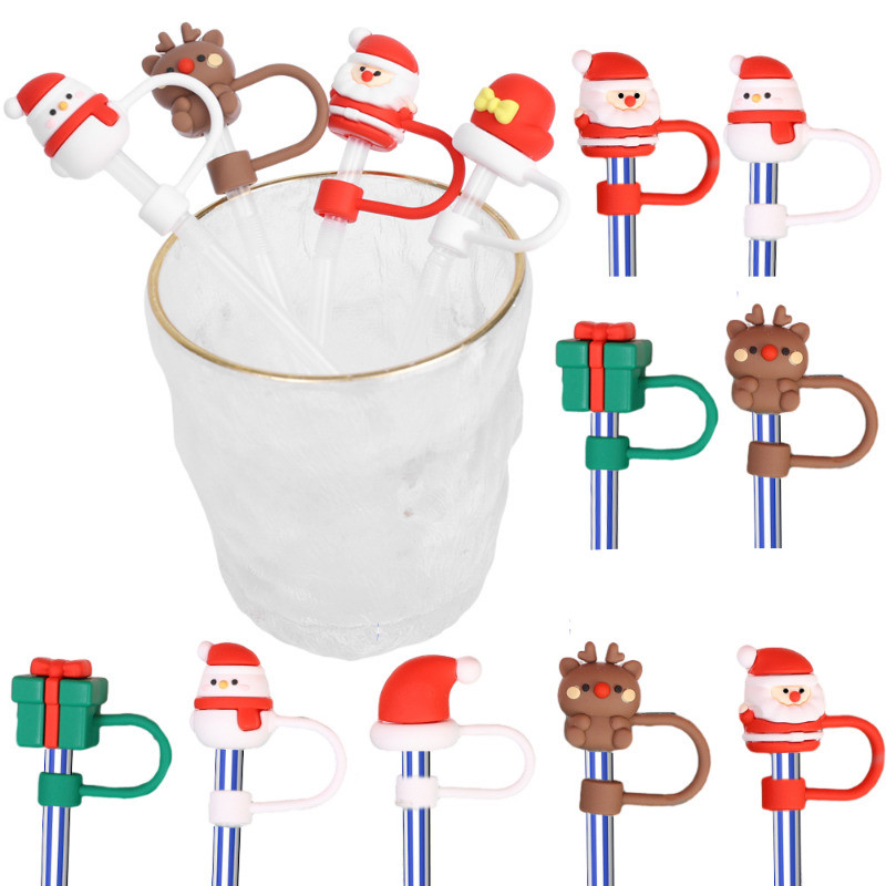 ผลิตภัณฑ์ตกแต่งคริสต์มาส- PVC Christmas Straw Covers-Xmas Cartoon Straw Tips Dust-Proof Caps - Silicone Straw Plug Tips Cover - Merry Christmas Home Decor Accessories