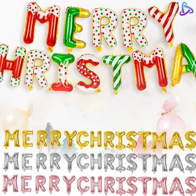 คลาสสิกปฏิบัติคริสต์มาสสามมิติตัวอักษรแบนเนอร์บอลลูน-สีแดงสีเขียว Xmas Party บรรยากาศฉากหลังตกแต่ง Airballoon