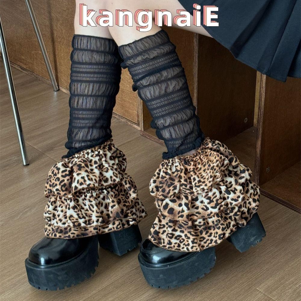Kangnai Ruched ขาอุ่น, ตาข่ายเสือดาวพิมพ์ Ruffled Flared ขาแขน, ผู้หญิงฤดูหนาวที่อบอุ่น Harajuku Tiered Pilead ถุงเท้าลูกวัว