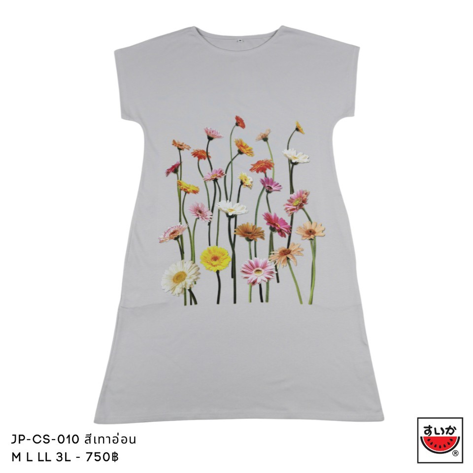 แตงโม (SUIKA) เสื้อยืดคอปาดเดรสแขนในตัวเจาะกระเป๋าข้าง พิมพ์ลายดอกไม้ (JP-CS-010 )
