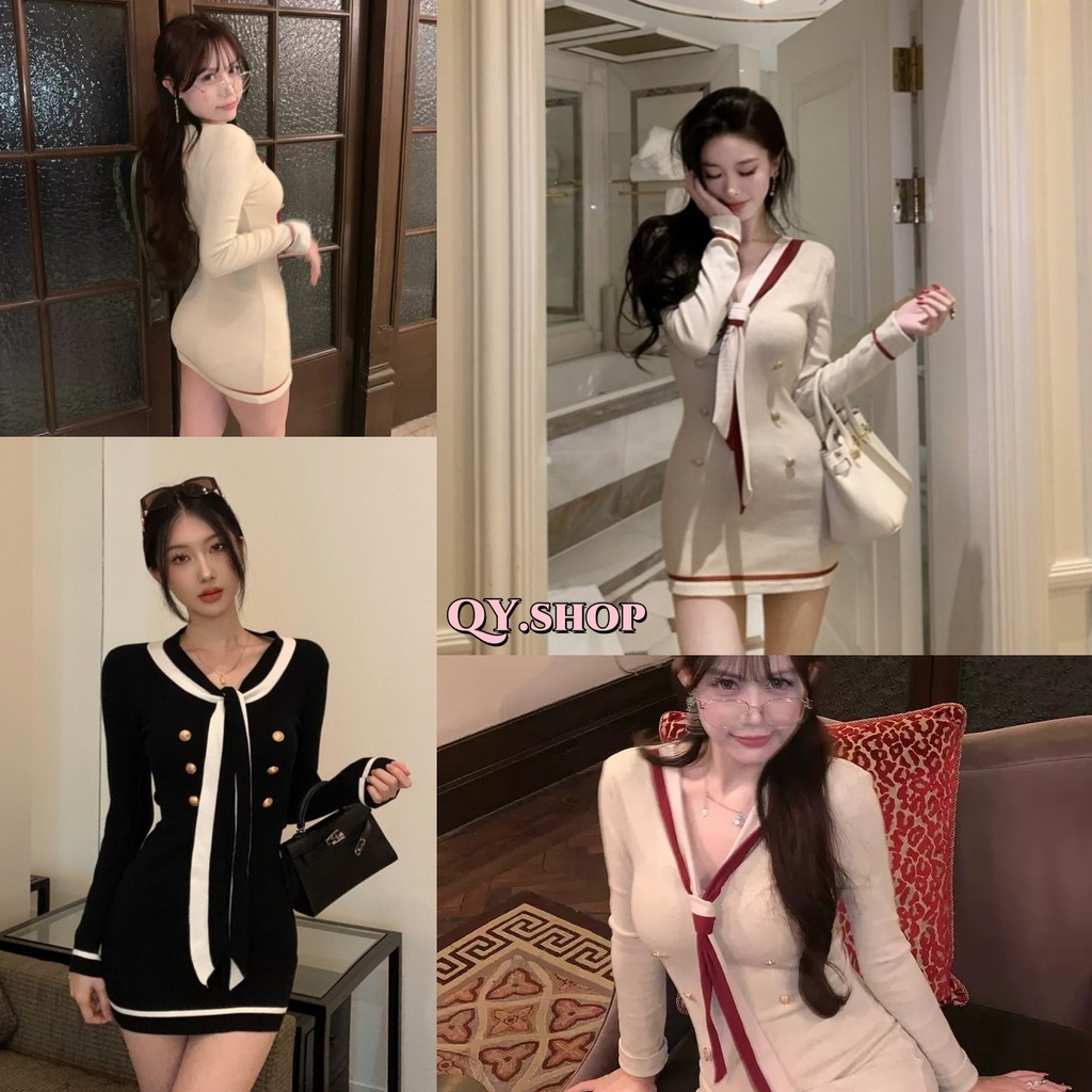 QY.Shop ชุดมินิเดรสไหมพรม แขนยาว คอปก สไตล์เกาหลี ผ้าร่องทรงรัดรูปใส่สบาย "Z-Q46"