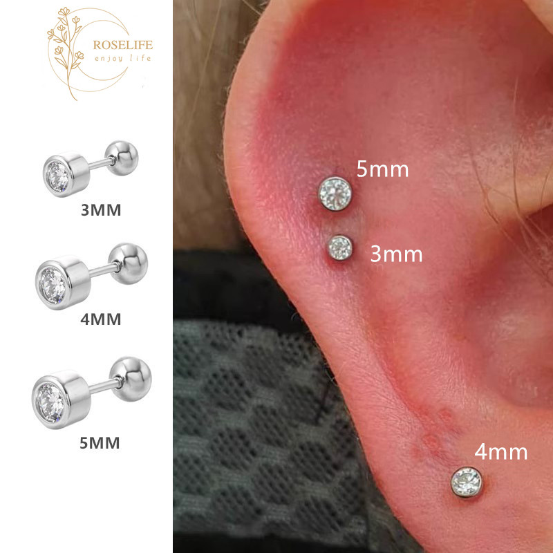 Roselife 1PC S925 เงินคริสตัลโปร่งใสสกรูต่างหูผู้หญิงผู้ชายแฟชั่นเจาะหู Studs เครื่องประดับอุปกรณ์เสริม