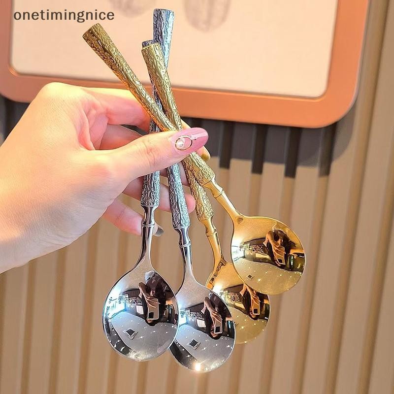 Onetimingnice สแตนเลสน้ําแข็งลวดลายด้ามยาวสไตล์เกาหลีช้อนหัวกลมช้อนสไตล์ตะวันตกช้อนขนมตักข้าว Onetimingnice