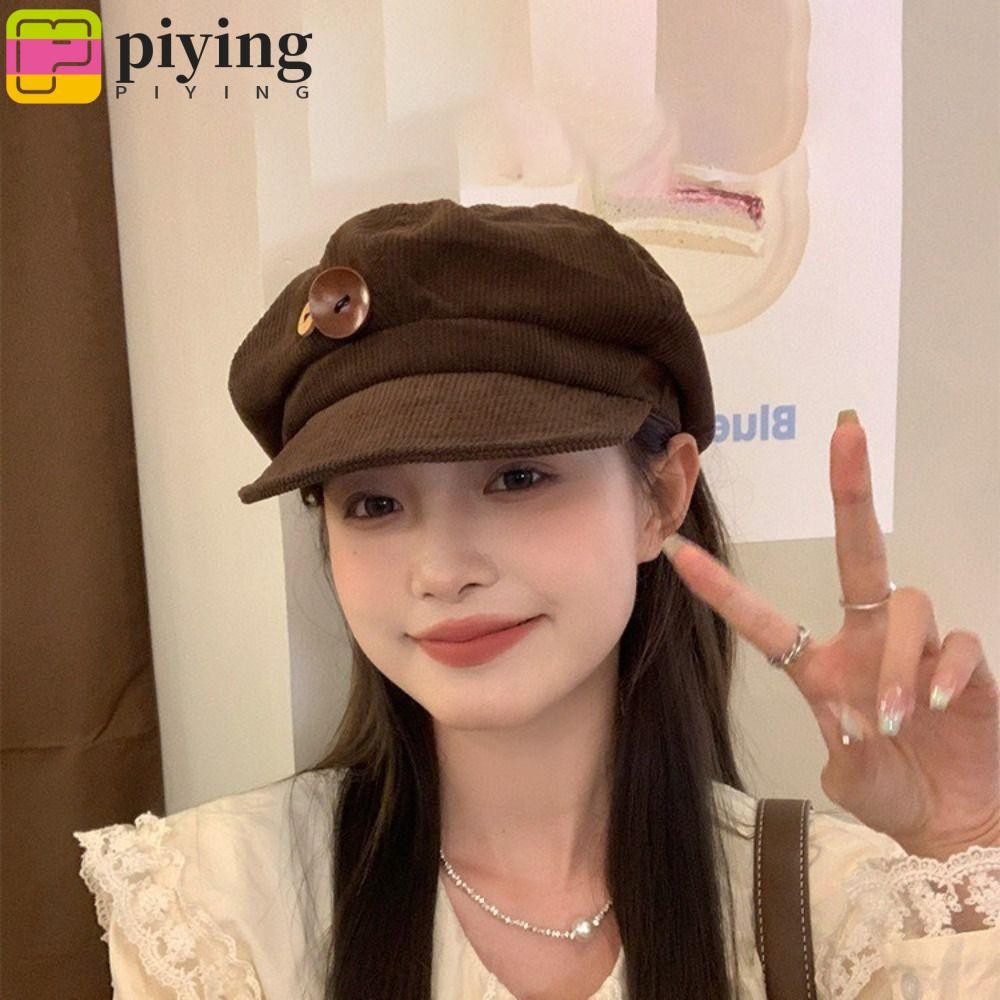 ผิง ผ้าลูกฟูกหมวกเบสบอล,ให้อบอุ่นปุ่มคู่ตกแต่งหมวกแปดเหลี่ยม,ที่เรียบง่าย กันลม หมวกเบเรต์ ปรับหนังสือพิมพ์หมวกสําหรับผู้หญิงสาว