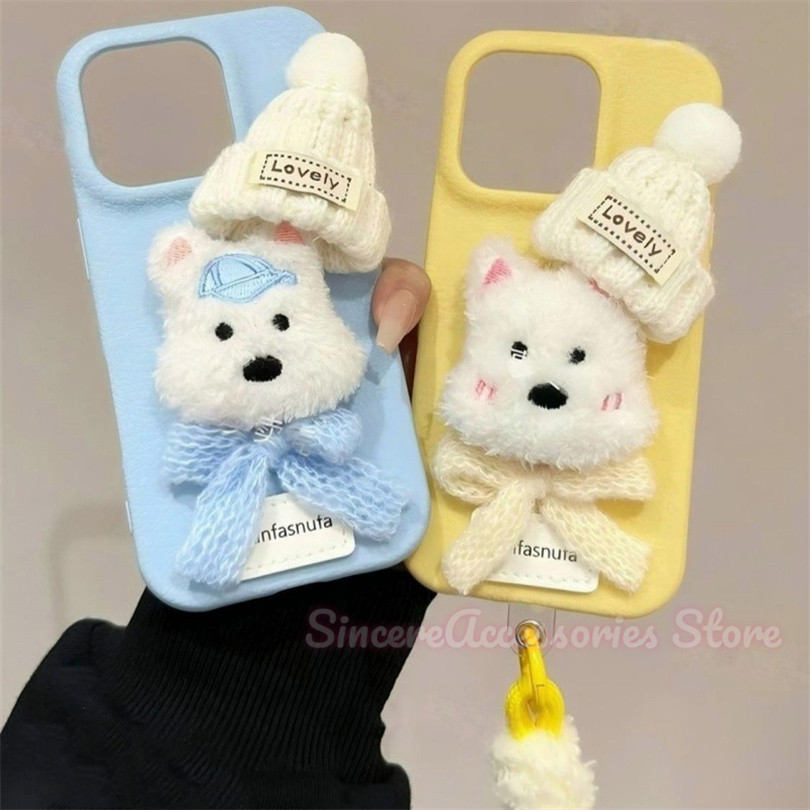 ใช้งานร่วมกับสําหรับ iPhone 16 11 12 13 15 14 Plus Pro Max Xs Xr Xs Max Plush Western Highland ตุ๊กตาสวมหมวกนุ่มป้องกันลิ้นจี่รูปแบบฝาครอบโทรศัพท์