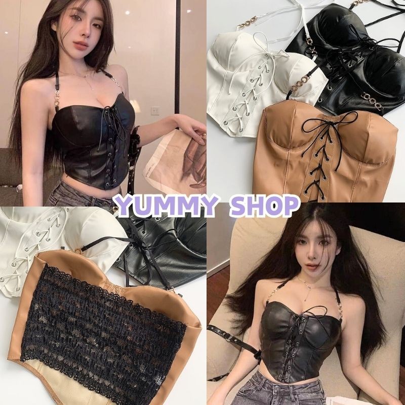Yummy Shop พร้อมส่ง【FY9067#1】เสื้อคล้องคอ หลังสม็อคน่ารัก ผ้าหนัง มีฟองน้ำ สีพื้นเท่มาก