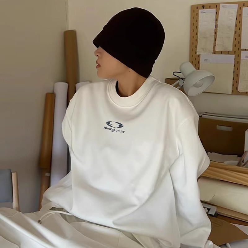 2024ใหม่ฤดูใบไม้ร่วงคู่เวอร์ชั่นเกาหลีผ้าฝ้ายแท้รอบคอ jacquard ยางแขนหลวม sweatershirt