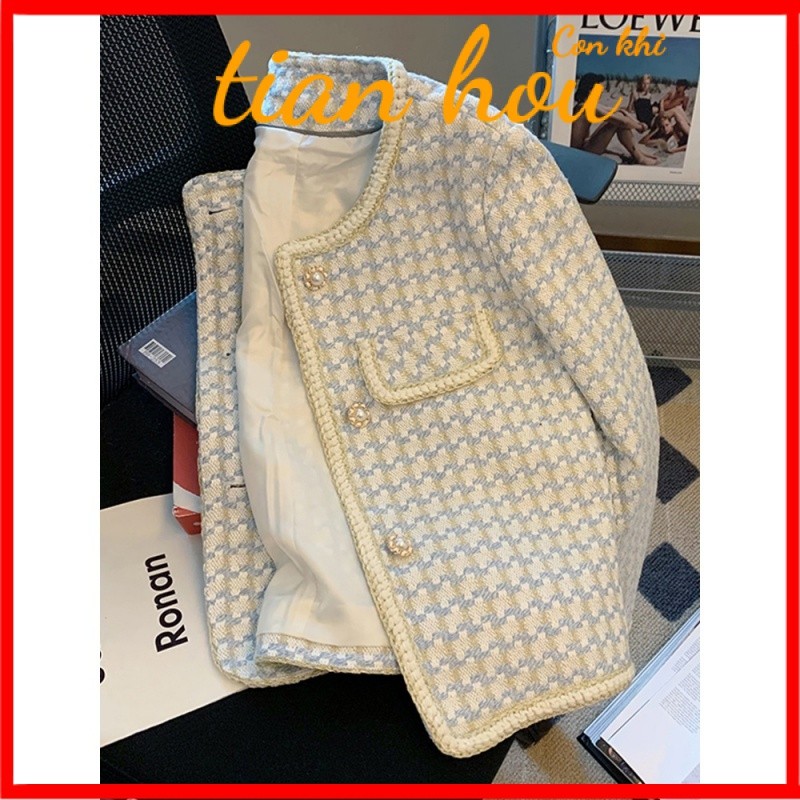 เสื้อโค้ทกระดุมมุกสินค้าใหม่แฟชั่นผู้หญิงสไตล์ชาแนลสั้นระดับไฮเอนด์ลายสก๊อตเสื้อผู้หญิงผ้าทวีดมีจำหน่ายในสต็อก b51g