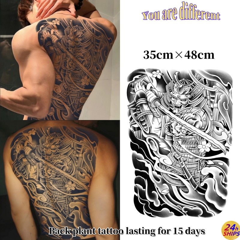 ลายซามูไรสักครอบงําชายกลับพืชสักสติกเกอร์รอยสักกันน้ํายาวนาน7วันสติกเกอร์ผิวชั่วคราวปลอม