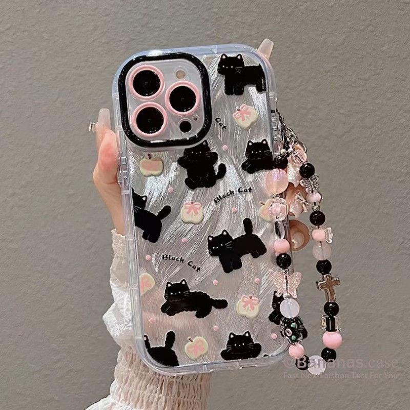 น่ารักแมวดํา + Lanyard เคสโทรศัพท์สําหรับ iPhone 17 16 15 14 13 12 11 Pro Max X Xr Xs Max 7 8 Plus SE2020
