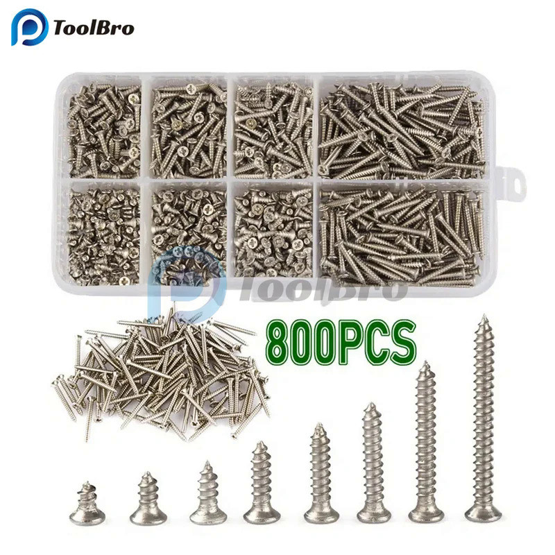 800pcs/box Stainless Steel Self Tapping Screw M2x4 M2x5 M2x6 M2x8 M2x10 Assortment Kit Lock Nut Wood