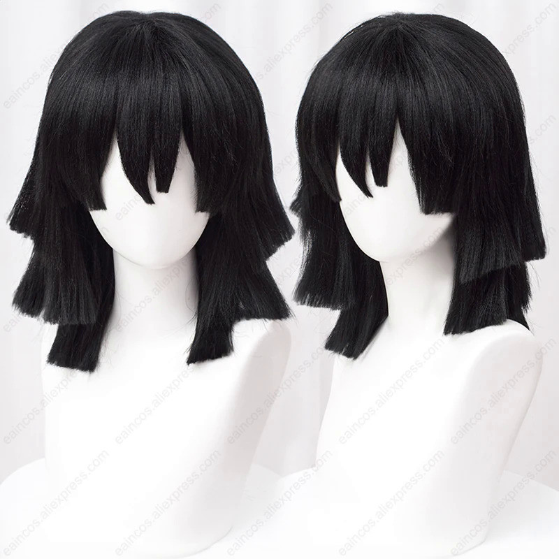 Anime Iguro Obanai Cosplay Wig 40cm Black Fluffy Wigs Heat Resistant Synthetic Hair