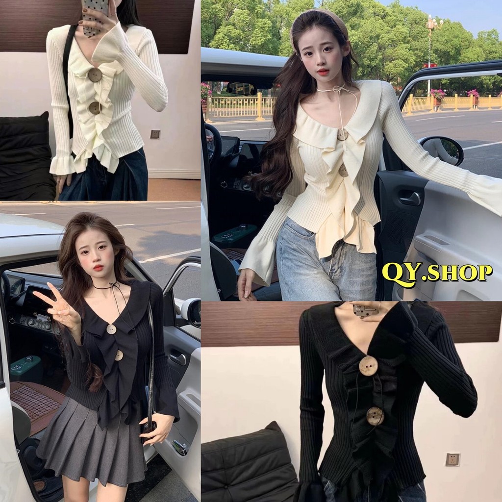 QY.Shop⭐️สินค้าราคาพิเศษ⭐️เสื้อไหมพรมคอวี แขนยสว ดีเทลปลายปล่อยสีพื้นใส่สบายมาก "Z-P40-1"