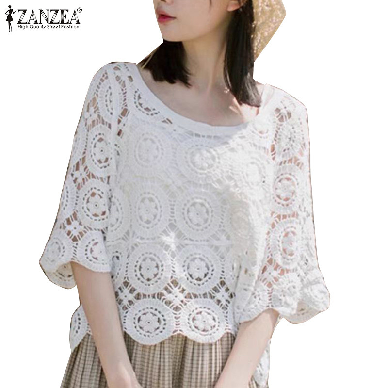 Zanzea เสื้อเบลาส์ดีไซน์ครึ่งแขนคอลูกเรือคลื่นเกาหลีสําหรับผู้หญิง