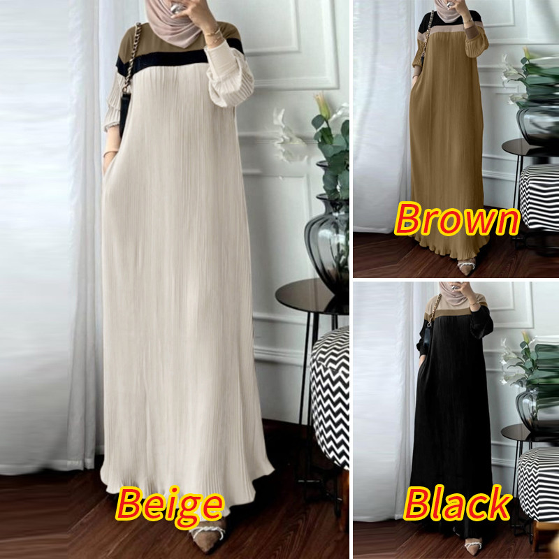 Zanzea ผู้หญิงมุสลิมแขนยาว Contrast สี Pleating Slit กระเป๋าชุดแฟชั่น