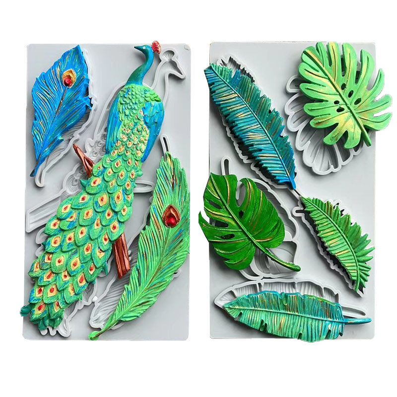 Monstera นกยูง Feather Fern Leaf Fondant แม่พิมพ์ซิลิโคน DIY ช็อกโกแลตแม่พิมพ์ Fondant เค้กตกแต่งเบเกอรี่แม่พิมพ์--*&