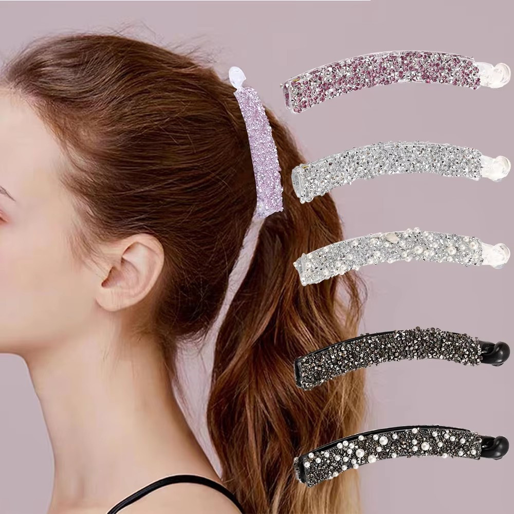 ประณีต Rhinestone พลาสติกกล้วยคลิปผมคริสตัลเพิร์ลหางม้าคลิปสําหรับผู้หญิงสาวผม Barrette