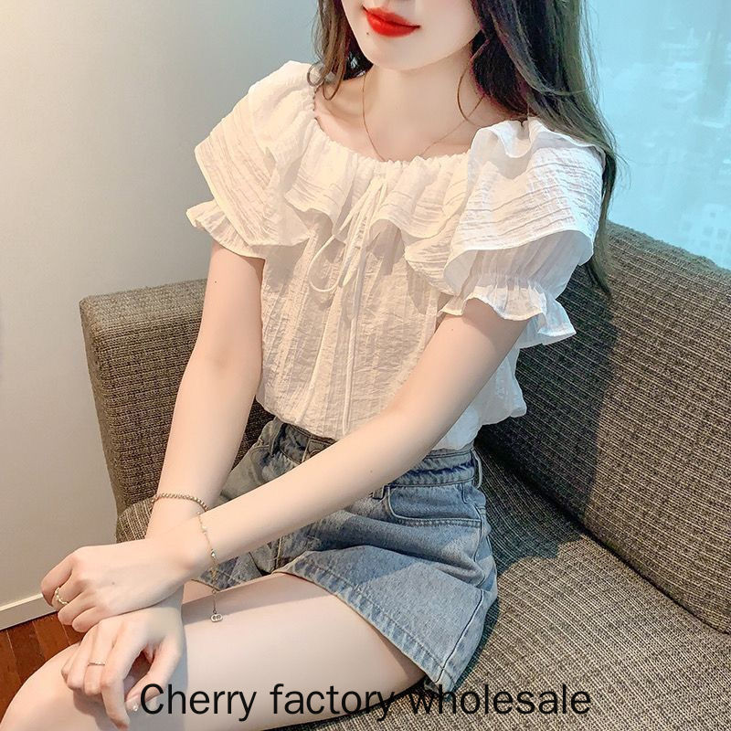 แฟชั่นผู้หญิง Ruffled Top Drawstring เสื้อพัฟแขนเสื้อชีฟองสุภาพสตรีเสื้อผ้าชั้นนํา