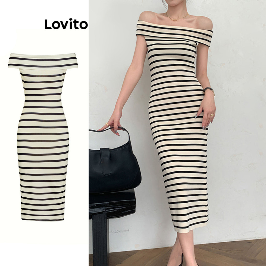 Lovito ชุดเดรสไหล่เย็นลายทางหรูหราสำหรับผู้หญิง L100MD313