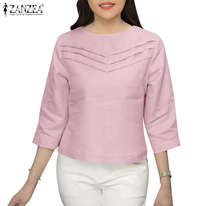 ZANZEA ซานเซีย ผู้หญิงเกาหลีลําลองรอบคอจีบหยิกเล็กน้อยเอวสีทึบเสื้อ